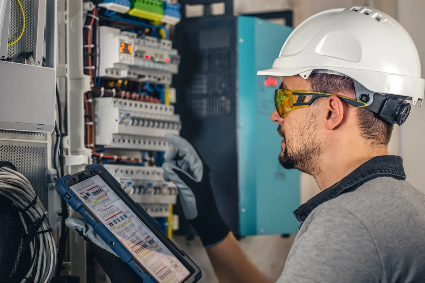 Professional electrical testing, labelling and documentation Electrician testing and documenting an electrical distribution board